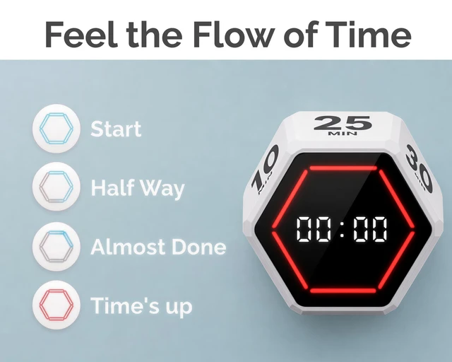 Alt view image 3 of 7 - Pomodoro Timer Cube, Visual Timer for Kids, Productivity Desk Timer | 3/5/10/25/30/50 Countdown Countup, Silent Vibration, for Work Study Cook Workout Office Kitchen School Classroom ADHD Gift