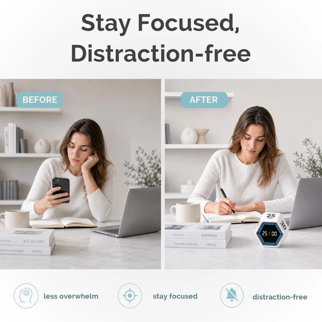 Alt view image 2 of 7 - Pomodoro Timer Cube, Visual Timer for Kids, Productivity Desk Timer | 3/5/10/25/30/50 Countdown Countup, Silent Vibration, for Work Study Cook Workout Office Kitchen School Classroom ADHD Gift