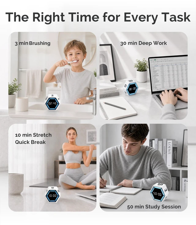 Alt view image 4 of 7 - Pomodoro Timer Cube, Visual Timer for Kids, Productivity Desk Timer | 3/5/10/25/30/50 Countdown Countup, Silent Vibration, for Work Study Cook Workout Office Kitchen School Classroom ADHD Gift