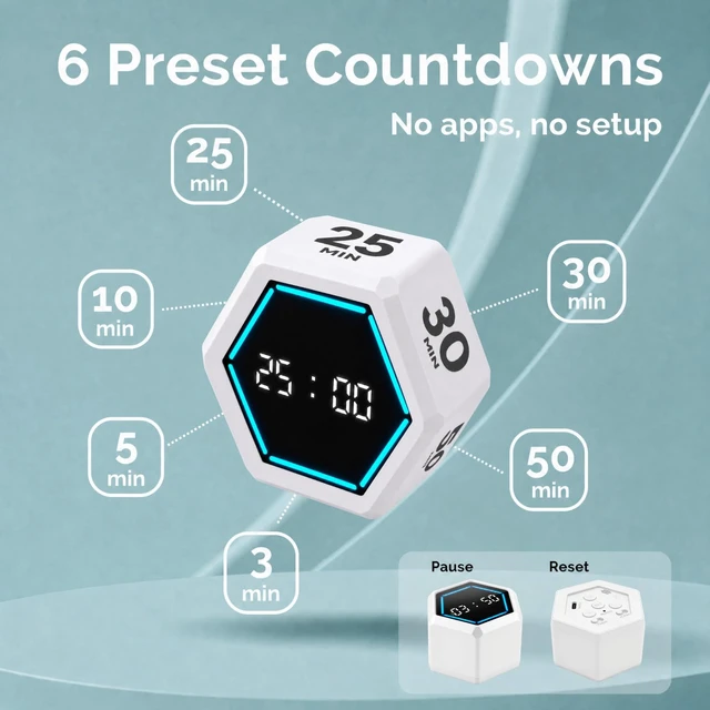 Alt view image 6 of 7 - Pomodoro Timer Cube, Visual Timer for Kids, Productivity Desk Timer | 3/5/10/25/30/50 Countdown Countup, Silent Vibration, for Work Study Cook Workout Office Kitchen School Classroom ADHD Gift