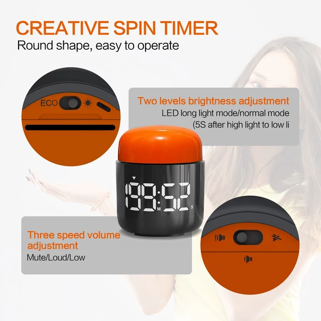 Alt view image 5 of 6 - Table Twist Timer, Large LED Display Stopwatch, Silent & Loud Alarm, 199 Minute Countdown & Up, Vintage Night Light, for Kitchen Cooking Meeting Teacher Classroom Office Yoga Fitness Games (Orange)