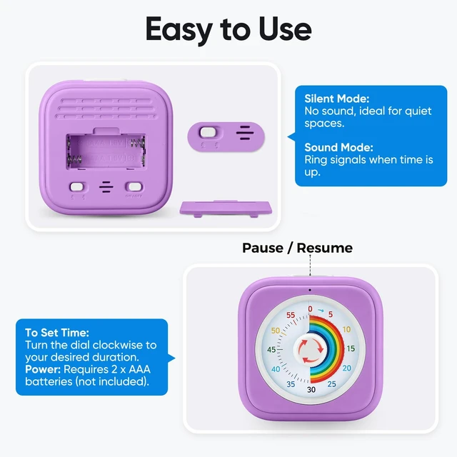 Alt view image 4 of 7 - Rainbow Visual Timer for Kids with 60 Minute Silent Mode | Countdown Clock with Color Disk, Time Management Tool for ADHD, Classroom, Kitchen, Office, Study, Pomodoro