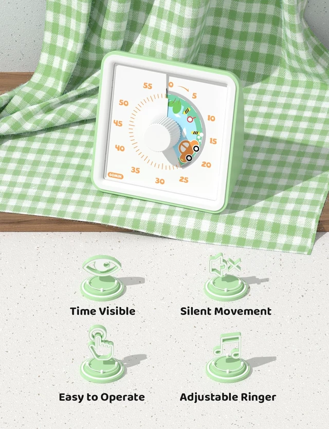 Alt view image 4 of 7 - Visual Timer for Kids, 60 Minute Countdown Timer, Light Green | Non-Ticking, 3 Volume Levels with Mute Function, Timer for Kitchen Cooking Classroom ADHD, 2 AAA Batteries Included