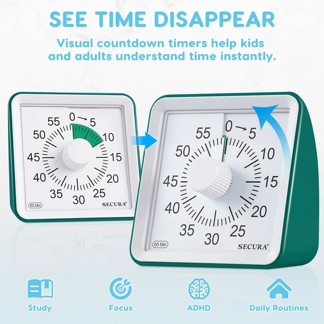 Alt view image 2 of 7 - Visual Timer for Kids, 60 Minute Classroom Countdown Timer for Study | Non-Ticking, Adjustable Alarm Volume/Duration, Low Power Reminder, Time Management Tool for ADHD (Dark Green & Dark Green)