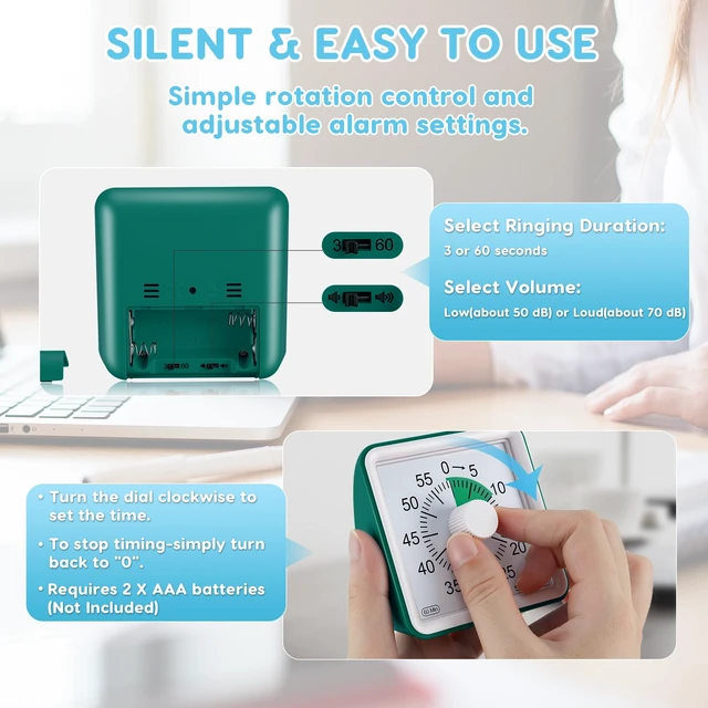 Alt view image 5 of 7 - Visual Timer for Kids, 60 Minute Classroom Countdown Timer for Study | Non-Ticking, Adjustable Alarm Volume/Duration, Low Power Reminder, Time Management Tool for ADHD (Dark Green & Dark Green)