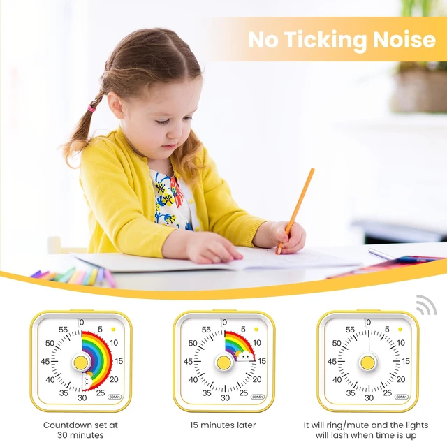 Alt view image 3 of 6 - Visual Timer for Kids, Rainbow Timer with Pause Function, Yellow | Cute Kids Timer for Classroom, ADHD, Kitchen, Toddlers, Study, Countdown Timer Clock, Alarm 3 Volume Levels, Light Indicator