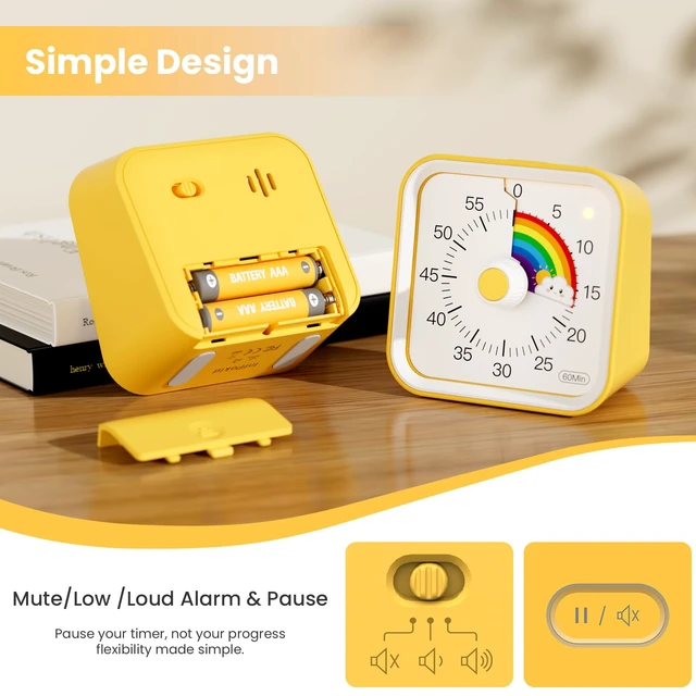 Alt view image 5 of 6 - Visual Timer for Kids, Rainbow Timer with Pause Function, Yellow | Cute Kids Timer for Classroom, ADHD, Kitchen, Toddlers, Study, Countdown Timer Clock, Alarm 3 Volume Levels, Light Indicator