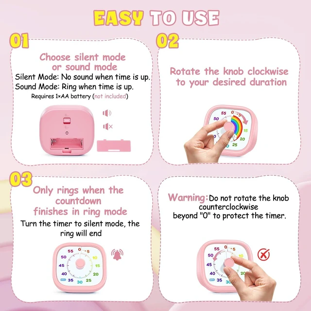 Alt view image 4 of 7 - Visual Timer for Kids, 60-Minute Countdown Silent Operation Timer | Visual Rainbow Disk, Timer for Kids & ADHD Toddler, Loud Alarm Timers for Classroom, Kids Desk Time Management Tools, Pink