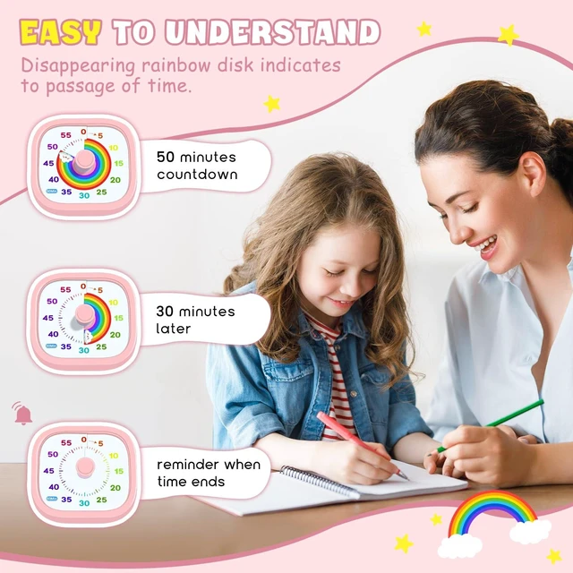 Alt view image 5 of 7 - Visual Timer for Kids, 60-Minute Countdown Silent Operation Timer | Visual Rainbow Disk, Timer for Kids & ADHD Toddler, Loud Alarm Timers for Classroom, Kids Desk Time Management Tools, Pink