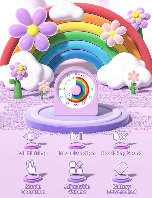 Alt view image 2 of 7 - Visual Timer for Kids with Pause Function and Protective Case | Rainbow Timer, 3-level Volume, 60-Minute Kids Countdown Timer for Classroom Kitchen Office ADHD, AAA Batteries Included