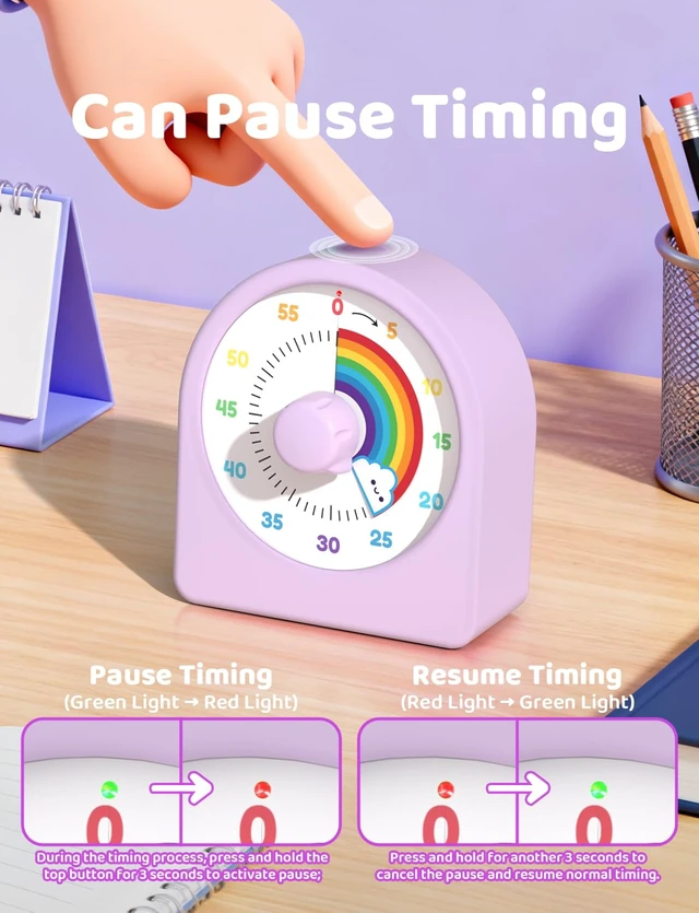Alt view image 5 of 7 - Visual Timer for Kids with Pause Function and Protective Case | Rainbow Timer, 3-level Volume, 60-Minute Kids Countdown Timer for Classroom Kitchen Office ADHD, AAA Batteries Included