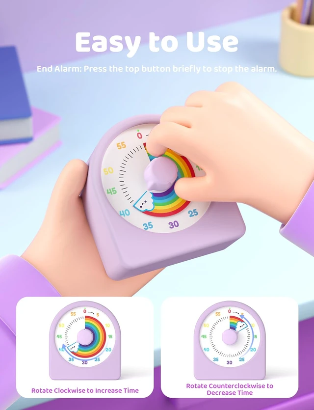 Alt view image 4 of 7 - Visual Timer for Kids with Pause Function and Protective Case | Rainbow Timer, 3-level Volume, 60-Minute Kids Countdown Timer for Classroom Kitchen Office ADHD, AAA Batteries Included