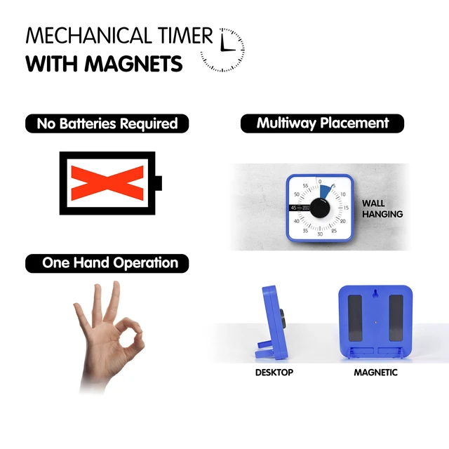 Alt view image 2 of 6 - 7.5-Inch Visual Timer, Battery-Free 60-Minute Countdown Clock | Mechanical Magnetic Time Management Tool for Kids and Adults, Classroom, Home, Office and Study, Navy Blue