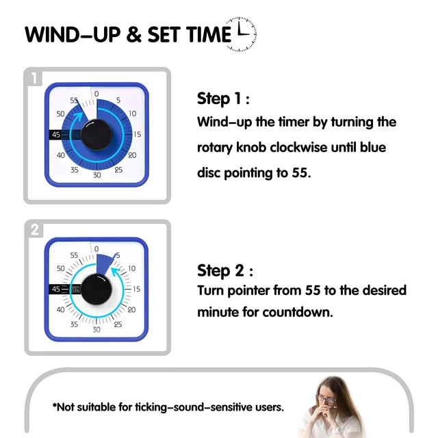 Alt view image 3 of 6 - 7.5-Inch Visual Timer, Battery-Free 60-Minute Countdown Clock | Mechanical Magnetic Time Management Tool for Kids and Adults, Classroom, Home, Office and Study, Navy Blue