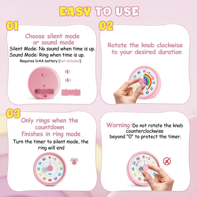 Alt view image 4 of 7 - Visual Timer for Kids, 60-Min Countdown Timer with Silent Operation | Visual Rainbow Disk, Timer for Kids & ADHD Toddler, Loud Alarm Timers for Classroom, Kids Desk Time Management Tools, Pink