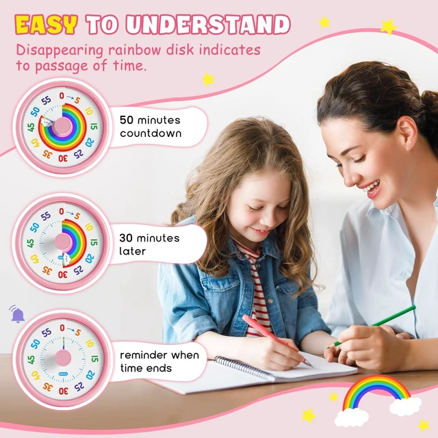 Alt view image 5 of 7 - Visual Timer for Kids, 60-Min Countdown Timer with Silent Operation | Visual Rainbow Disk, Timer for Kids & ADHD Toddler, Loud Alarm Timers for Classroom, Kids Desk Time Management Tools, Pink
