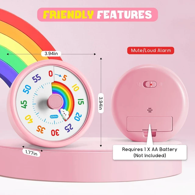 Alt view image 6 of 7 - Visual Timer for Kids, 60-Min Countdown Timer with Silent Operation | Visual Rainbow Disk, Timer for Kids & ADHD Toddler, Loud Alarm Timers for Classroom, Kids Desk Time Management Tools, Pink