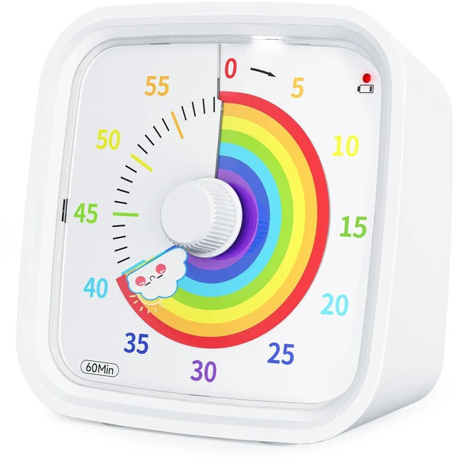 Main image of Rainbow Visual Timer for Kids, 60-min Countdown Timer, White | Cute Study Timer for Classroom, Homeschool, Office, Kitchen, Kids Desk with Protective Case, Mute&Ringing Alarm, Nightlight