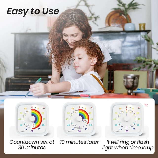 Alt view image 3 of 7 - Rainbow Visual Timer for Kids, 60-min Countdown Timer, White | Cute Study Timer for Classroom, Homeschool, Office, Kitchen, Kids Desk with Protective Case, Mute&Ringing Alarm, Nightlight