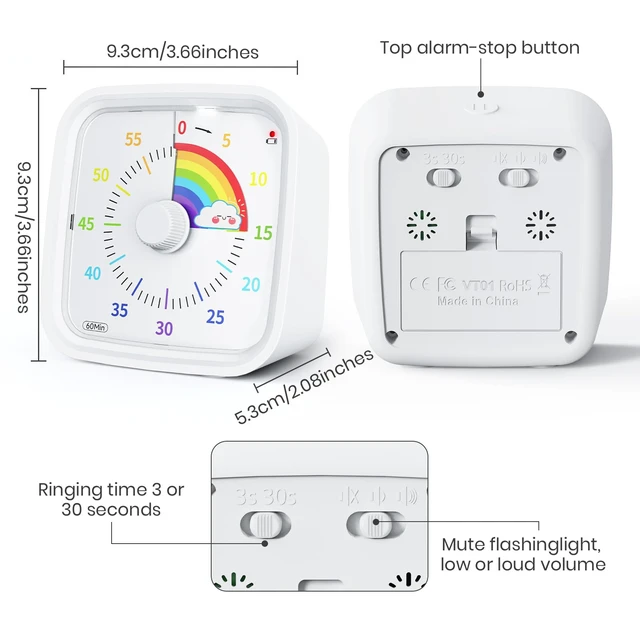 Alt view image 4 of 7 - Rainbow Visual Timer for Kids, 60-min Countdown Timer, White | Cute Study Timer for Classroom, Homeschool, Office, Kitchen, Kids Desk with Protective Case, Mute&Ringing Alarm, Nightlight