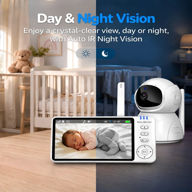 Alt view image 5 of 7 - No WiFi Baby Monitor with Camera and Audio - 100H Battery | 5" HD IPS Screen, 1000ft Long Range, 4X Zoom, 2-Way Talk, Voice Motion Detection, Night Vision and 355°PTZ, 8 Lullabies
