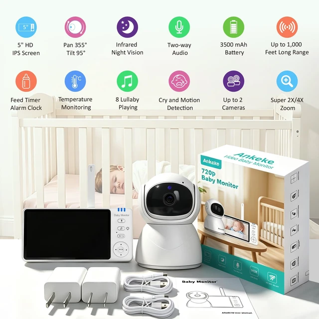 Alt view image 6 of 7 - No WiFi Baby Monitor with Camera and Audio - 100H Battery | 5" HD IPS Screen, 1000ft Long Range, 4X Zoom, 2-Way Talk, Voice Motion Detection, Night Vision and 355°PTZ, 8 Lullabies