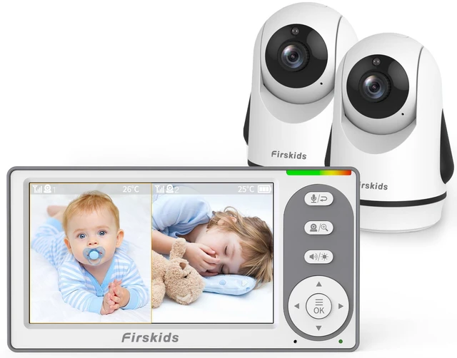 Main image of Split-Screen Baby Monitor with 2 Cameras No WiFi, 30H Battery, Pan-Tilt-Zoom, Monitor para bebés with Night Vision, 2-Way Audio, Room Temp Sensor, Lullaby, Plug & Play - Ideal for Travel