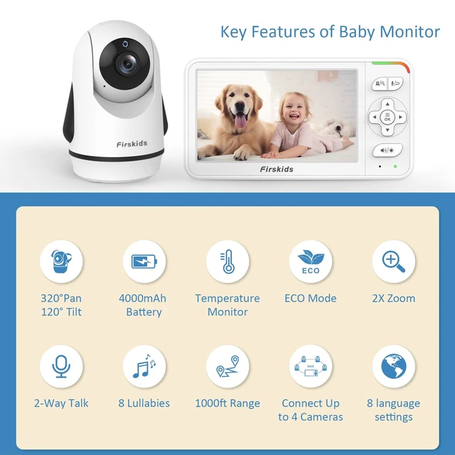 Alt view image 7 of 7 - 5" Baby Monitor with Dual Cameras and Audio - Secure No Wi-Fi Pan-Tilt-Zoom 2 Cameras32H Battery2-Way TalkTemperature SensorAuto Night Vision - Ideal for Babies, Elderly, Nursery Monitoring