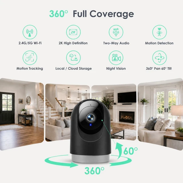 Alt view image 2 of 7 - 2K Indoor Camera, 5G/2.4G WiFi Cameras for Home Security/Pet Cam/Baby | 360° 5G Wi-Fi Baby Monitor & Pet Camera with Auto Tracking, 2-Way Audio, Night Vision, SD/Cloud, Alexa & Google Home
