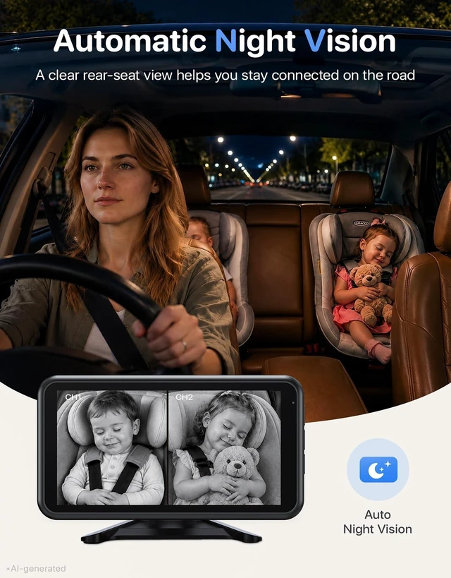 Alt view image 5 of 7 - BM2PRO Dual Car Camera Baby Monitor for 2 Kids | 5.2'' 1080P HD, Split Screen & Full View, Auto Night Vision, Easy 3-Step Setup for Rear-Facing Infants & Toddlers