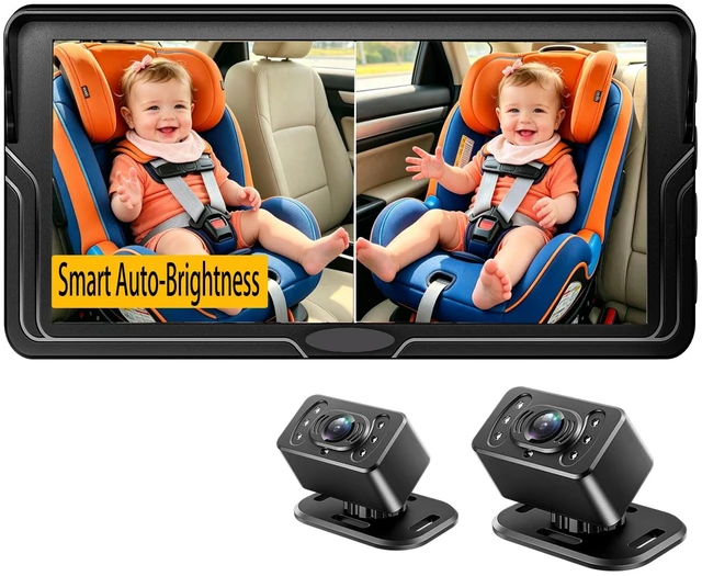 Main image of Dual Baby Car Camera for Twins 6.9" HD Split Screen Auto Brightness | Drive safely without turning: 1080P HD view, 360° rotatable, IR night vision, dual power (cig lighter/USB), plug & play.