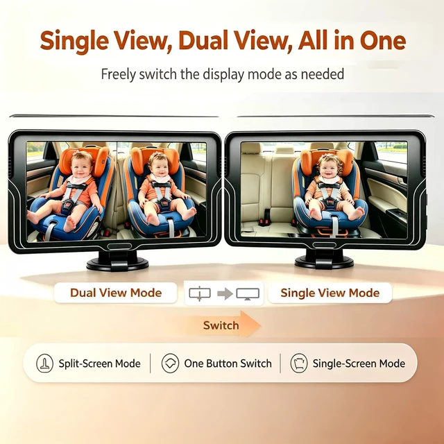 Alt view image 3 of 7 - Dual Baby Car Camera for Twins 6.9" HD Split Screen Auto Brightness | Drive safely without turning: 1080P HD view, 360° rotatable, IR night vision, dual power (cig lighter/USB), plug & play.
