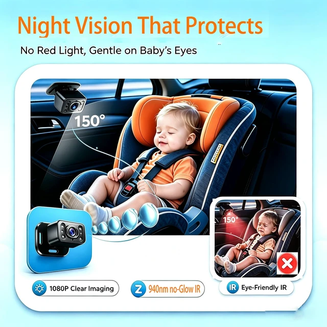 Alt view image 4 of 7 - Dual Baby Car Camera for Twins 6.9" HD Split Screen Auto Brightness | Drive safely without turning: 1080P HD view, 360° rotatable, IR night vision, dual power (cig lighter/USB), plug & play.