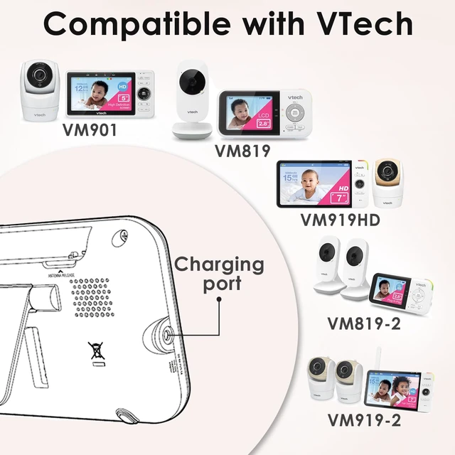 Alt view image 2 of 5 - 5V Charger Compatible with VTech VM901 VM919HD VM919-2HD VM819 VM819-2 PU Baby Monitor Handheld Screen Parent Unit, Universal Baby Monitor Power Adapter with 5Ft Cord
