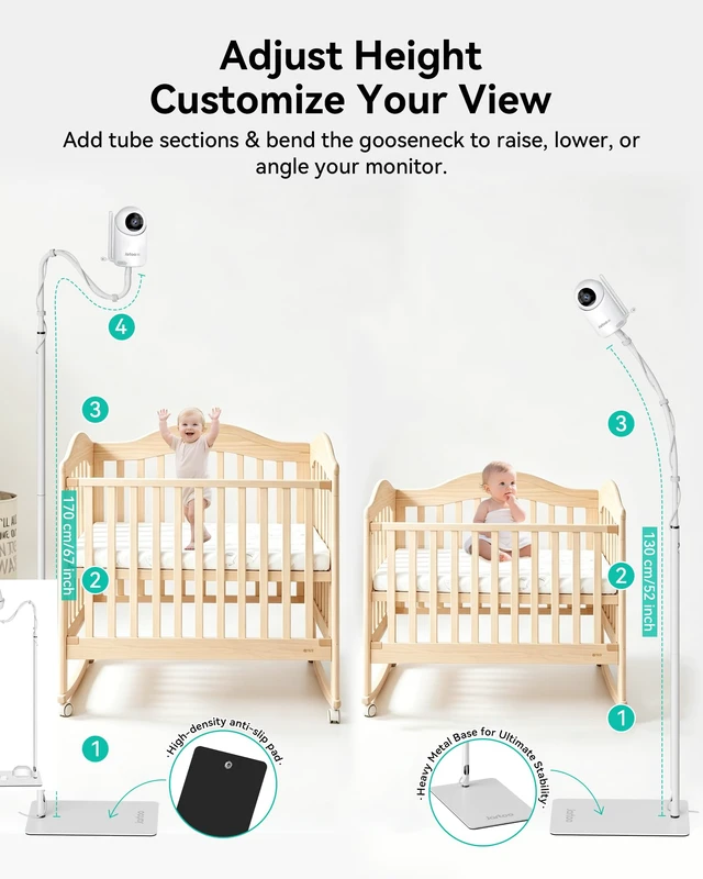 Alt view image 5 of 7 - Baby Monitor Floor Stand Holder Mount Compatible for HelloBaby HB65/HB40/HB6560/HB6339/HB6550 Pro, Momcozy, Nanit, VAVA, Adjustable Height & Stable Base, No Tools or Wall Damage