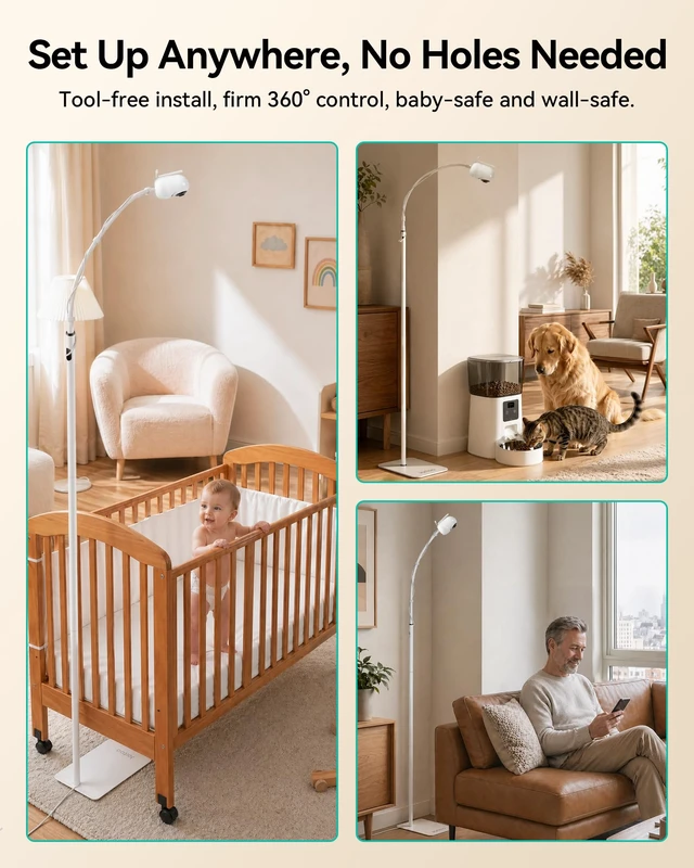 Alt view image 6 of 7 - Baby Monitor Floor Stand Holder Mount Compatible for HelloBaby HB65/HB40/HB6560/HB6339/HB6550 Pro, Momcozy, Nanit, VAVA, Adjustable Height & Stable Base, No Tools or Wall Damage