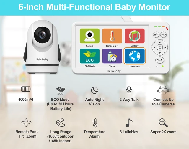 Alt view image 2 of 7 - Baby Monitor with Camera and Audio 6" Screen, 30H Battery 4000mAh | No WiFi, Night Vision, 2-Way Talk, Pan-Tilt-Zoom, ECO, 1000ft Long Range, Temp Display, Video Audio Monitor, Baby Elderly Pet