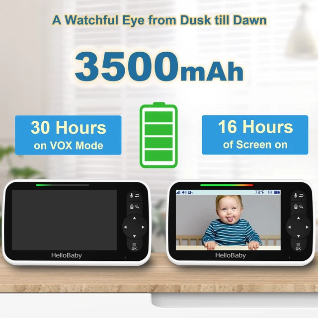 Alt view image 3 of 7 - 5" No WiFi Baby Monitor with Camera and Audio, 30Hr Battery Life | ECO Mode, Infrared Night Vision, Remote Pan-Tilt-Zoom Camera, 2-Way Talk, 8 Lullabies, Temperature Monitoring, 1000ft Range