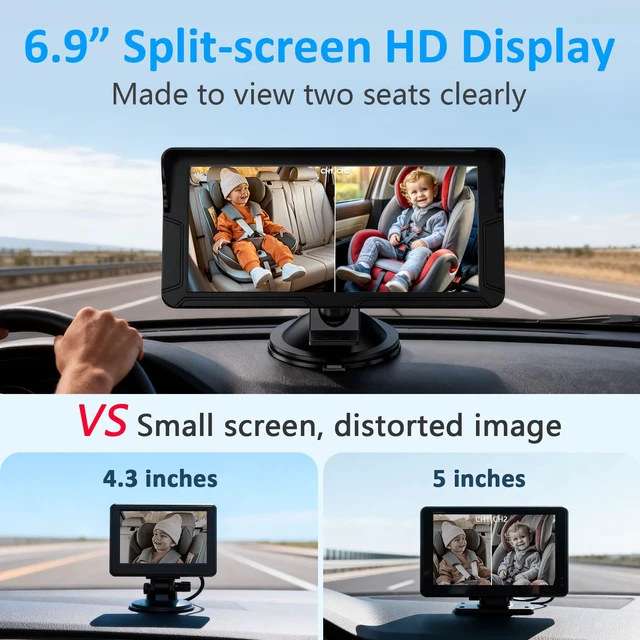 Alt view image 3 of 7 - Dual Baby Car Camera for 2 Kids: 6.9" Large Split-Screen with 2-Camera | Easy Install with Cable Clips for Neat Wiring for SUVs Minivans - Invisible HD 1080P IR Night Vision for Twins & Two Babies