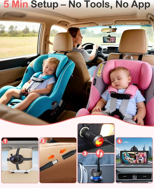 Alt view image 4 of 7 - Dual Baby Car Camera HD 1080P: 6.9" Split-Screen Monitor for 2 Kids & Twins | USB Easy Install Ideal for SUV Minivan - Auto Night Vision 150° Wide View Great Carseat Camera Quality