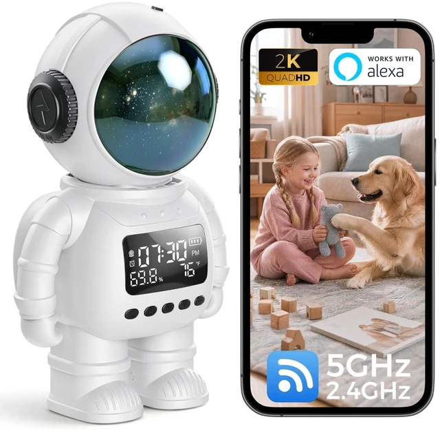Main image of 2K Astronaut Indoor Clock Camera, WiFi6 2.4G/5G Baby Pet Monitor, TempHumidity Display, 2Way Audio, Color Night Vision, AI Baby Cry/Human Detection, TF Card & Cloud Storage