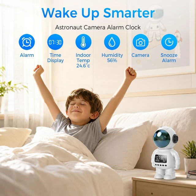 Alt view image 2 of 7 - 2K Astronaut Indoor Clock Camera, WiFi6 2.4G/5G Baby Pet Monitor, TempHumidity Display, 2Way Audio, Color Night Vision, AI Baby Cry/Human Detection, TF Card & Cloud Storage