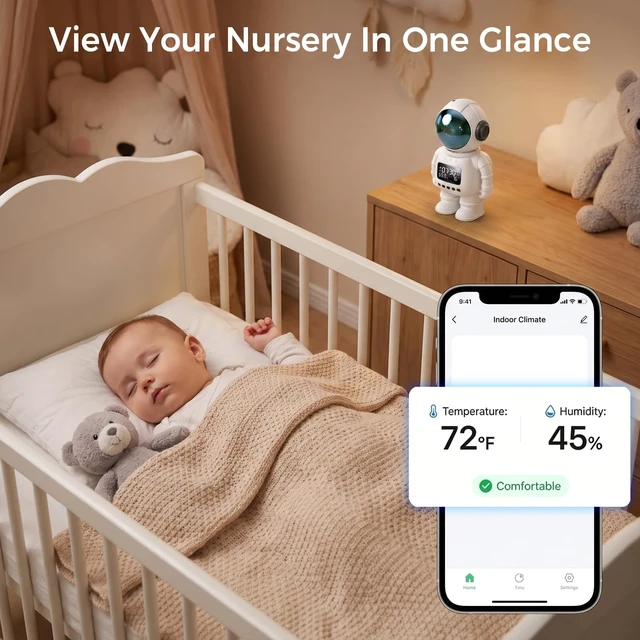 Alt view image 3 of 7 - 2K Astronaut Indoor Clock Camera, WiFi6 2.4G/5G Baby Pet Monitor, TempHumidity Display, 2Way Audio, Color Night Vision, AI Baby Cry/Human Detection, TF Card & Cloud Storage