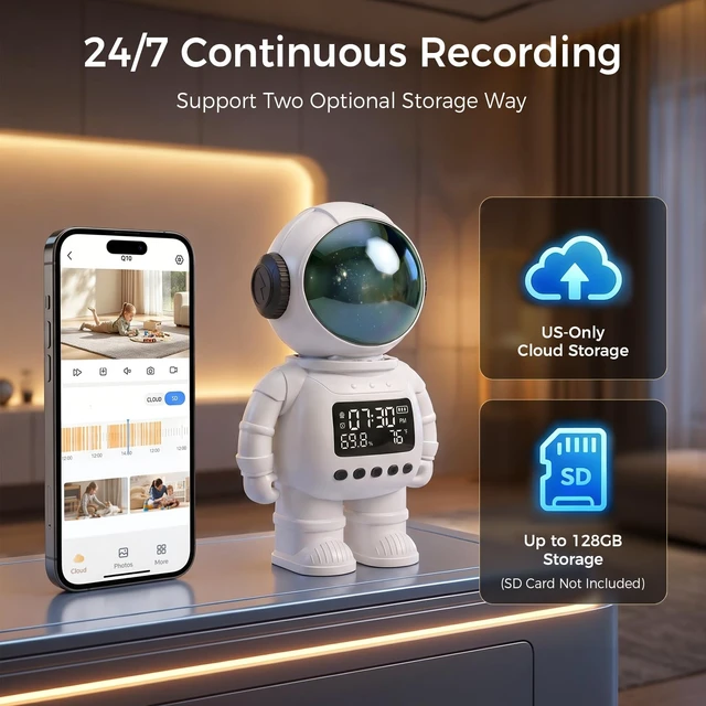 Alt view image 6 of 7 - 2K Astronaut Indoor Clock Camera, WiFi6 2.4G/5G Baby Pet Monitor, TempHumidity Display, 2Way Audio, Color Night Vision, AI Baby Cry/Human Detection, TF Card & Cloud Storage