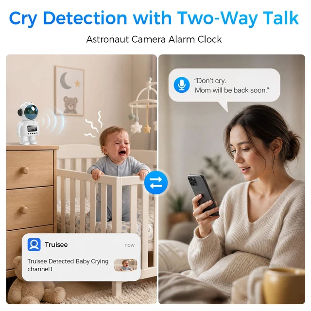 Alt view image 7 of 7 - 2K Astronaut Indoor Clock Camera, WiFi6 2.4G/5G Baby Pet Monitor, TempHumidity Display, 2Way Audio, Color Night Vision, AI Baby Cry/Human Detection, TF Card & Cloud Storage