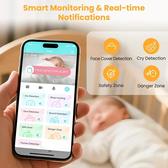 Alt view image 4 of 7 - AI Baby Monitor with 8G SD Card,Smart Camera with Smartphone App | Dual Mode,High Definition Wireless,2.8'' IPS Display,Face Tracking&Sound Detection,Kid Room Security