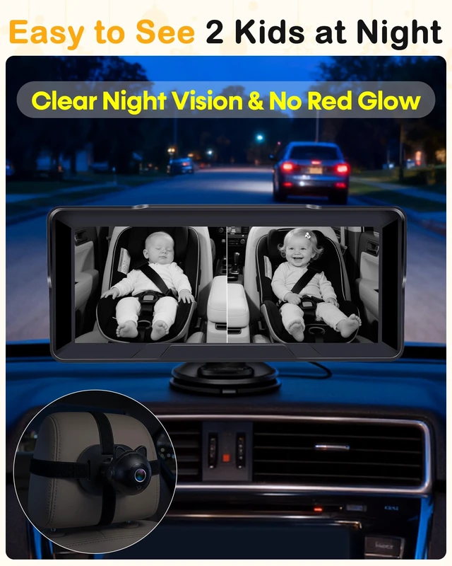 Alt view image 5 of 7 - 1080P Dual Baby Car Camera: 6.8"Split-Screen See 2-Kids Clearly Day & Night 16.4ft Long Enough for 3-Row SUVs, Easy Install, Great Night Vision, Perfect for 2-Kids & Twins, Give Parents Peace of Mind