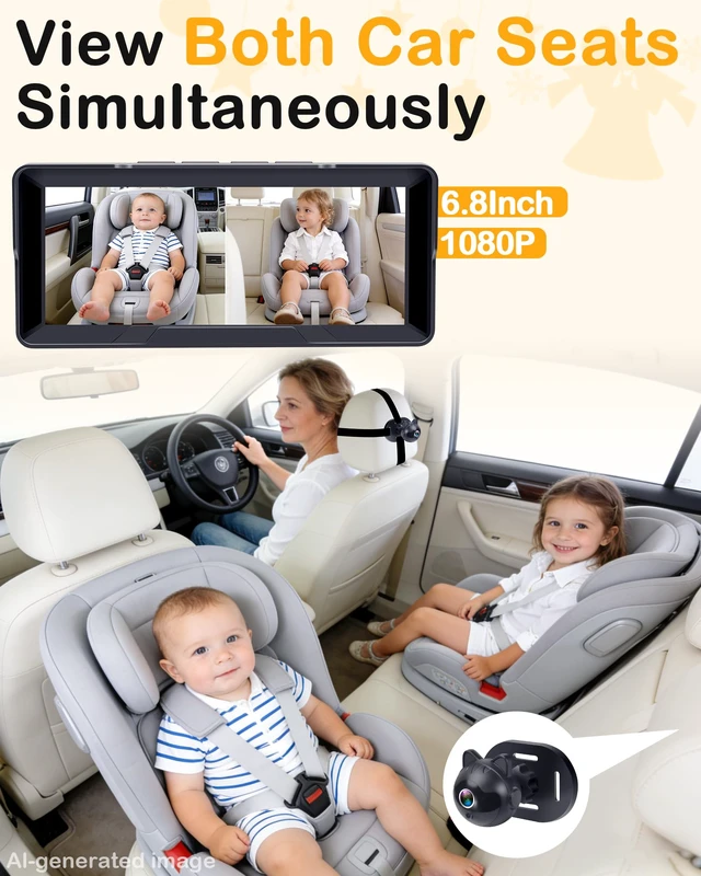 Alt view image 6 of 7 - 1080P Dual Baby Car Camera: 6.8"Split-Screen See 2-Kids Clearly Day & Night 16.4ft Long Enough for 3-Row SUVs, Easy Install, Great Night Vision, Perfect for 2-Kids & Twins, Give Parents Peace of Mind
