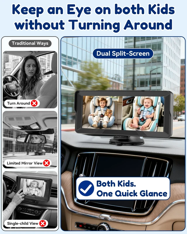Alt view image 2 of 7 - 1296P Dual Baby Car Camera for 2-Kids: 6.9" Large Split-Screen for Two-Seat | Cable Clips for Clutter-Free Wiring, HD Clear Day & Night View, USB Plug-Play Easy Install for Multiple-Child Parents
