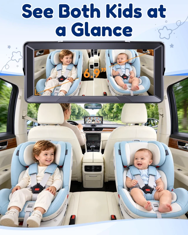 Alt view image 3 of 7 - 1296P Dual Baby Car Camera for 2-Kids: 6.9" Large Split-Screen for Two-Seat | Cable Clips for Clutter-Free Wiring, HD Clear Day & Night View, USB Plug-Play Easy Install for Multiple-Child Parents